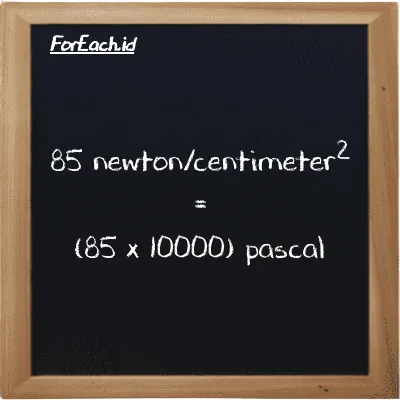 How to convert newton/centimeter<sup>2</sup> to pascal: 85 newton/centimeter<sup>2</sup> (N/cm<sup>2</sup>) is equivalent to 85 times 10000 pascal (Pa)